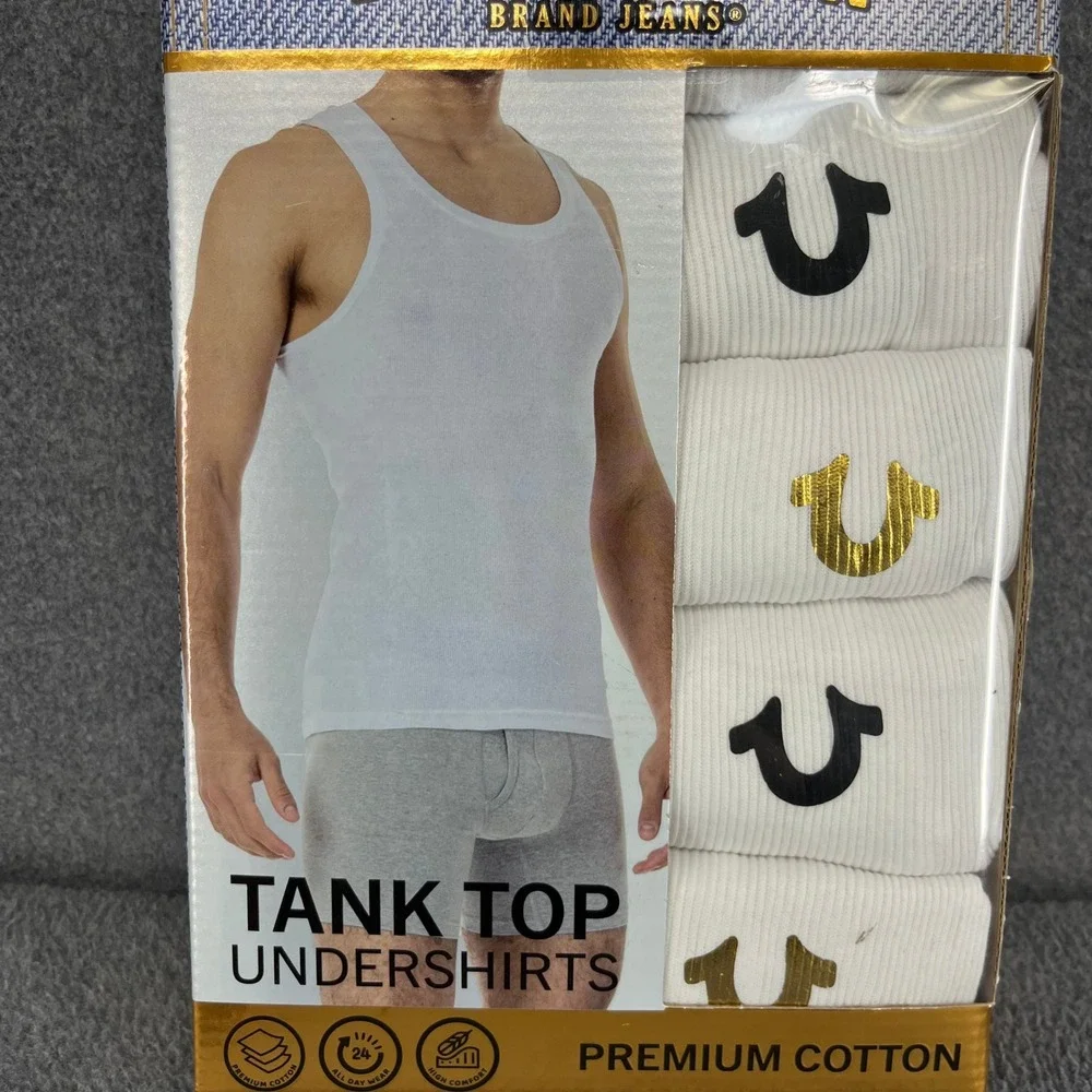 True Religion Tank Top Undershirts Mens Medium White 5PK Ribbed Horseshoe Logo